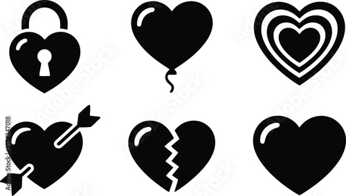 Set of diverse black silhouette heart icons representing love romance and emotional relationships on white