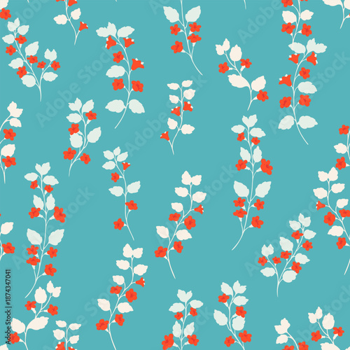 Seamless vector pattern of wild floral stems with soft cream leaves and vivid red blossoms on a turquoise background. Designs for textiles, stationery, packaging, and digital