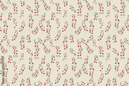 Seamless vector floral pattern with delicate gray stems and small red flowers on beige background. Elegant botanical design for fabric, wallpaper, wrapping, and stationery