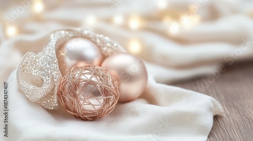 Delicate copper wire spheres and rose gold Christmas ornaments resting on soft white fabric with a bokeh background of warm lights