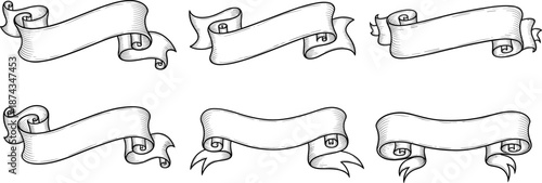 Vintage ribbon banner vector set featuring hand-drawn scroll designs with decorative sketch details for labels and classic artwork
