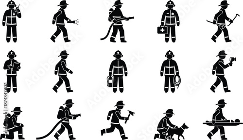 Firefighter icon set collection, emergency rescue silhouettes, fireman actions, safety service symbols, black vector illustration, isolated flat design profession icons
