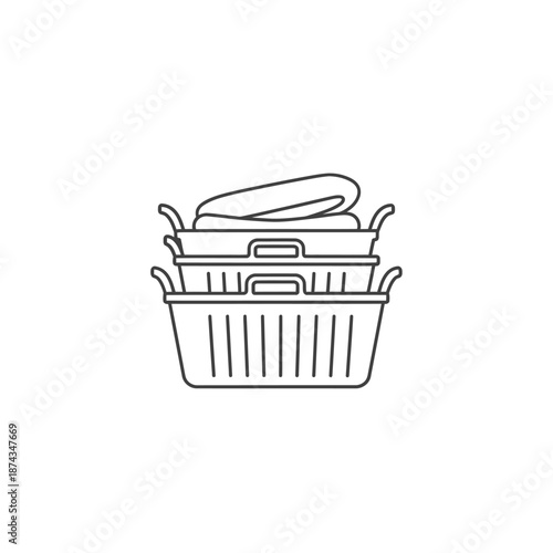 Stack of laundry baskets with clothes, simple line art icon, clean design