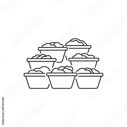 Stack of six identical flat-bottomed rectangular containers filled with a granular substance, simple line art icon.