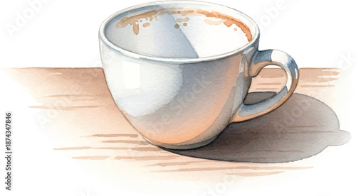 Almost empty coffee cup on wooden table with warm lighting