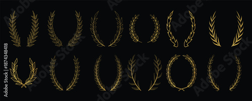  gold laurel wreaths set on black background