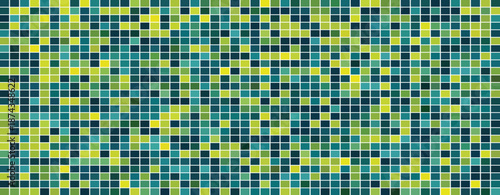 Green and blue color pixelated grid with geometric square shapes as abstract background