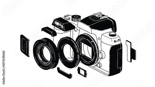 Camera parts and lenses on white background