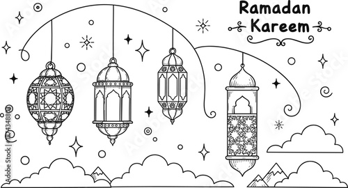 Ramadan Kareem lantern illustration featuring hanging ornate lamps, stars, clouds, and decorative night sky elements in line art style