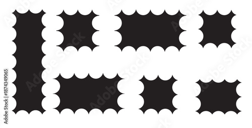 Postage stamp. Black postage stamp template. Postage icon. Rectangle shape frame with circle zigzag edge. Zigzag edge frame. Different size frames. scallop edge shape.