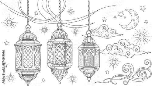 Ornate hanging lantern illustration with detailed patterns surrounded by moon, stars, clouds, and swirling decorative night sky elements