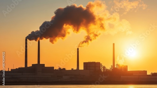 Industrial smokestacks release thick plumes of smoke into the orange sky at sunset