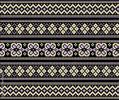 A full-surface floral pattern in seamless horizontal geometric shapes, designed for background decoration on fabric and clothing.