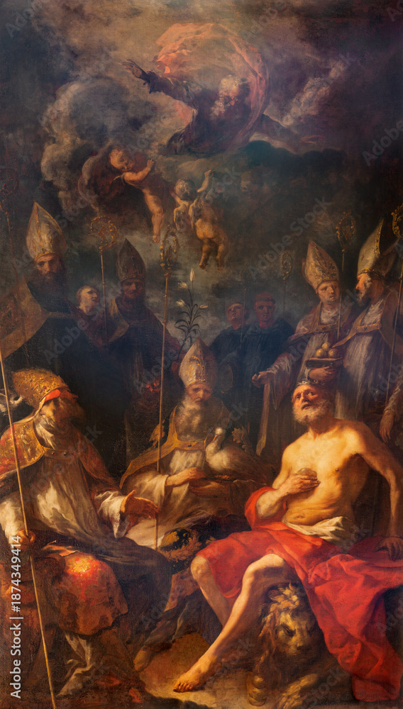 Fototapeta premium SALZBURG, AUSTRIA - SEPTEMBER 6, 2025: The painting of St. Gregory, Martin, Jerome and other saints with the God the Father in the Cathedral probably by Johann Heinrich Schönfeld (1669)