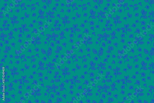 Seamless vector floral pattern with blue leaves and blossoms on turquoise background. Elegant decorative design for textiles, wallpaper, packaging, and digital use