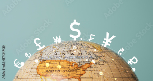 Global currency exchange concept on world map with currency symbols includes dollar Yuan Yen Euro and Pound sterling for international finance of foreign exchange market and digital money transfer. © Dilok