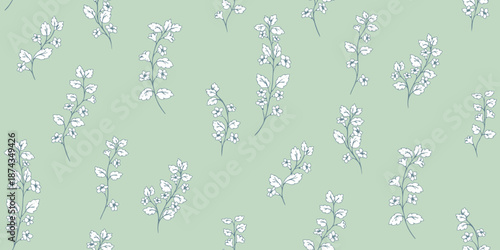 Seamless botanical vector pattern with hand drawn wildflowers and leaves in black and white on a soft green background. Elegant and minimalistic floral design  for textiles, wallpaper, and stationery