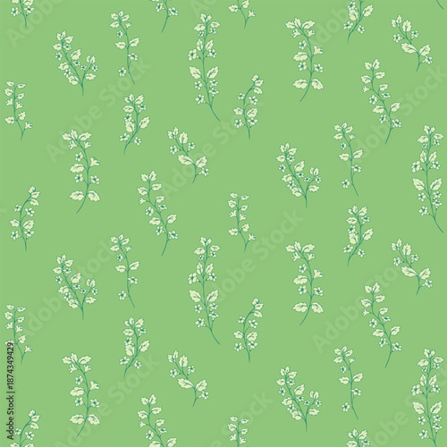 Seamless vector pattern with delicate white wildflowers and leafy stems on soft green background. Minimal floral design for textiles, packaging, wallpaper, and decor