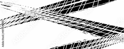 Black tire marks on road, Black rubber tire marks and tread marks, Tire trace track wheels texture and background, Auto tire tread grunge, Car wheel tyre tread track black tyre print, Top view.