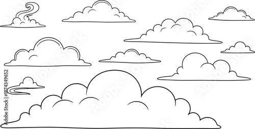 Cute cloud illustration vector set featuring various fluffy sky shapes in simple hand-drawn outline style for weather designs