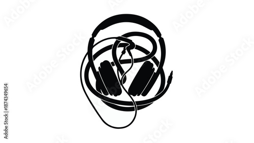 Tangled black headphones on white background