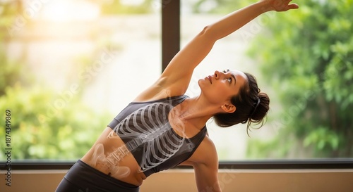 Yoga stretching pose, female ribcage anatomy, spine flexibility xray, holistic wellness exercise, pilates breathing workout, thoracic bone structure, healthy lifestyle fitness