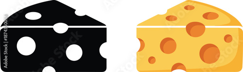 Swiss cheese slice icons in black silhouette and colorful yellow styles representing dairy products organic food and snacks.