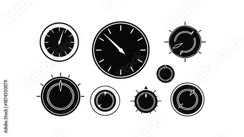 Set of various industrial style gauges and dials on white background