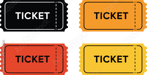 Set of colorful admission ticket icons in black orange red and yellow colors for events movies and travel.