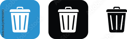 Trash can icons set in blue and black square buttons representing garbage disposal waste management and digital delete symbols.