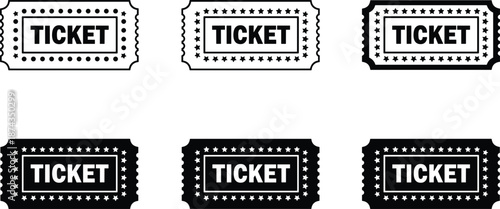 Set of vintage admission ticket icons with star borders in black and white styles for cinema and events.