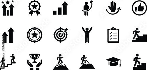 Business success and personal growth icon set featuring career progress mountain climbing trophies and achievement symbols for motivation.
