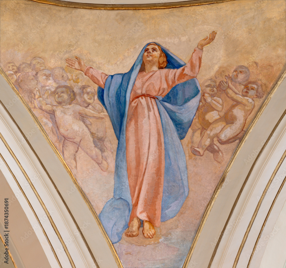 Naklejka premium SALERNO, ITALY - OCTOBER 6, 2025: The fresco of Assumption in the church Chiesa della Santissima Annunziata by Lorenzo Iovino (1957).