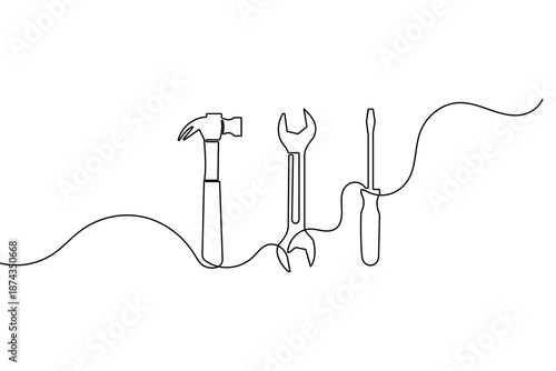 Hammer wrench and screwdriver continuous one line drawing minimalist vector hand tools illustration