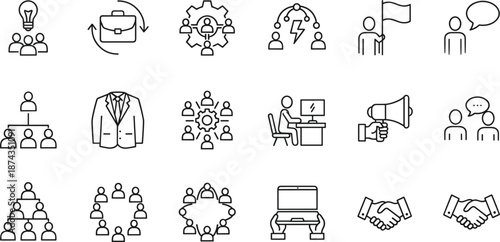 Business leadership and teamwork icon set featuring corporate hierarchy brainstorming partnership meeting and professional communication symbols for management.