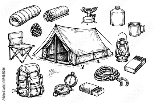 Vintage camping gear sketch featuring tent lantern compass and backpack