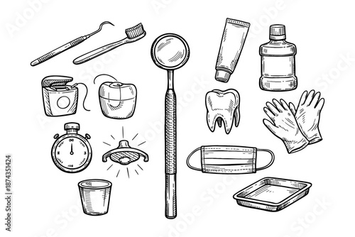 Hand-drawn dental tools and hygiene products illustration with tooth and gloves