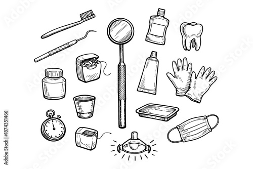 Hand-drawn dental tools and hygiene items illustration with tooth and gloves