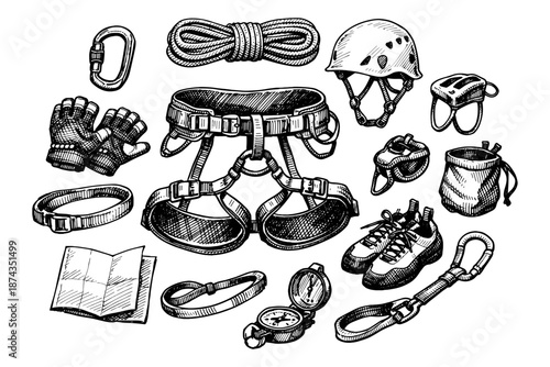 Comprehensive rock climbing gear set illustration with helmet, harness, and shoes