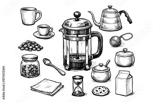 Hand-drawn coffee set with french press, mugs, kettle, and coffee beans