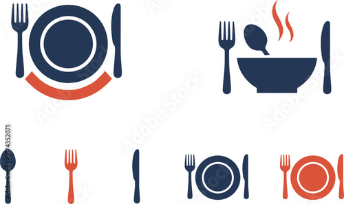 Restaurant dining icon set featuring cutlery symbols with plate bowl hot soup spoon fork and knife in navy blue and orange colors.