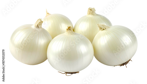 Wallpaper Mural Close-up of five spherical, white vegetables with papery skins and small root ends, arranged on a dark background Torontodigital.ca