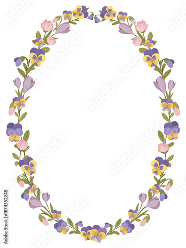 Floral frame with purple pansies and lilac flowers, spring botanical vector illustration in hand drawn style for greeting card or wedding invitation background.