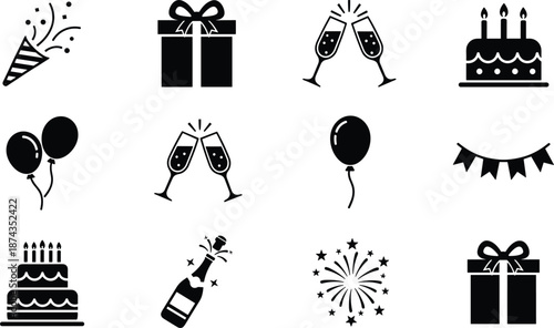 Set of solid black party icons featuring birthday cakes gift boxes champagne toasts balloons and festive fireworks for celebration events.