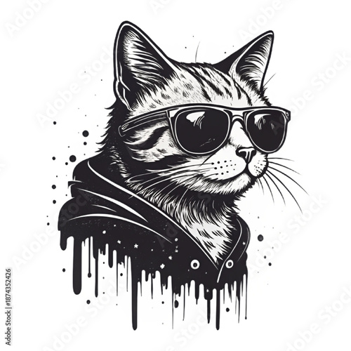 Graffiti Cat Wearing Sunglasses, Hand-Drawn Doodle, Urban Punk Vector Illustration
