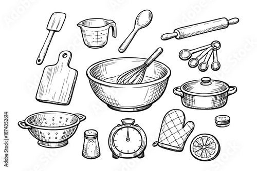 Hand-drawn kitchen utensils collection with whisk, cutting board, and measuring cup