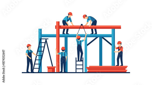 Workers constructing a large industrial structure with metal beams and ladders in a factory setting