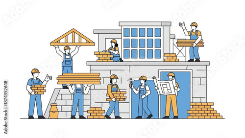 Construction workers building a house with brick and mortar on a sunny day