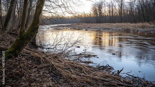 Winter riverbank with floating vegetation and bare trees under muted sunlight