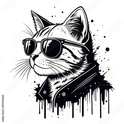 Graffiti Cat Wearing Sunglasses, Hand-Drawn Doodle, Urban Punk Vector Illustration